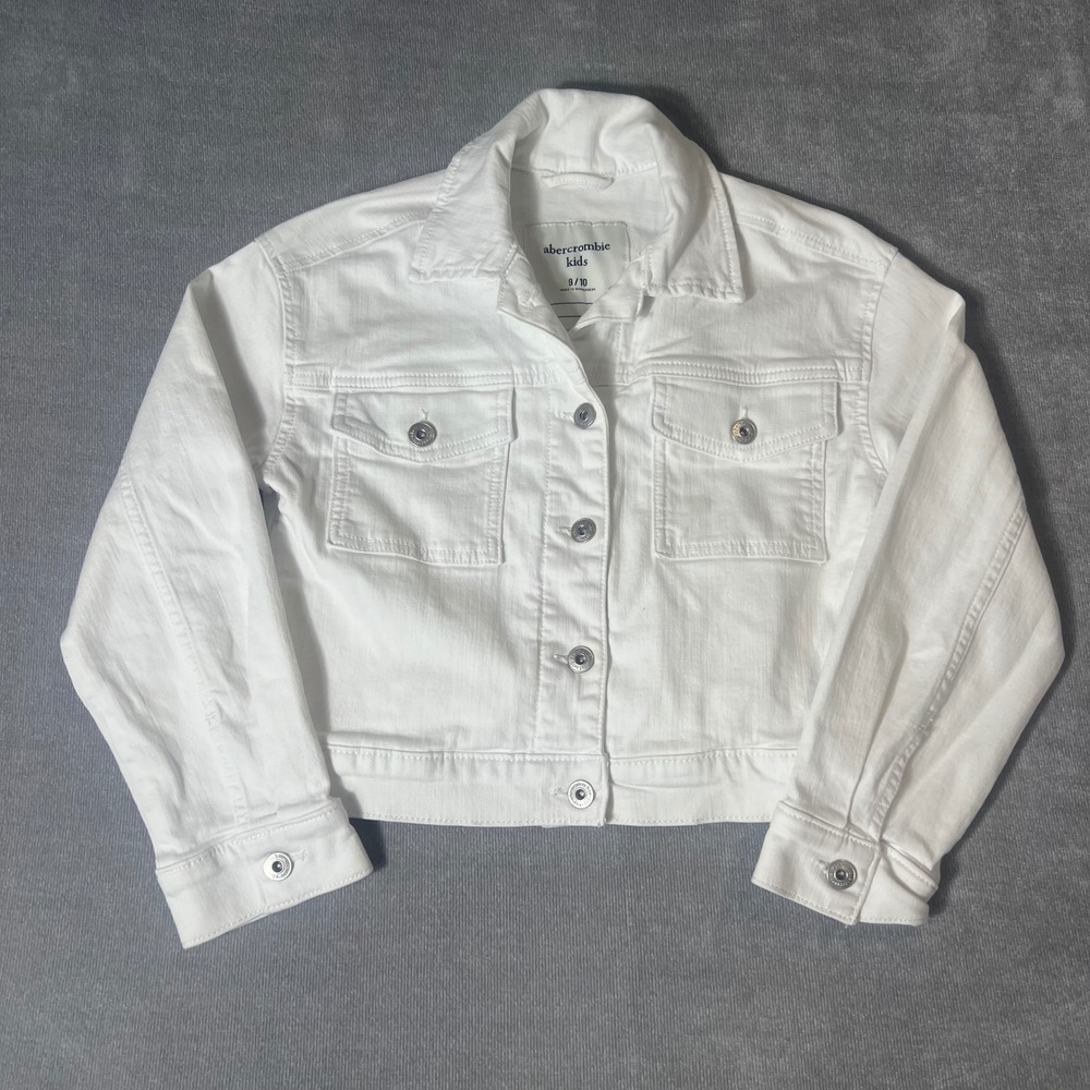 Abercrombie Kids White Denim Trucker Jacket Girls Size 9/10 Cotton Blend Stretch